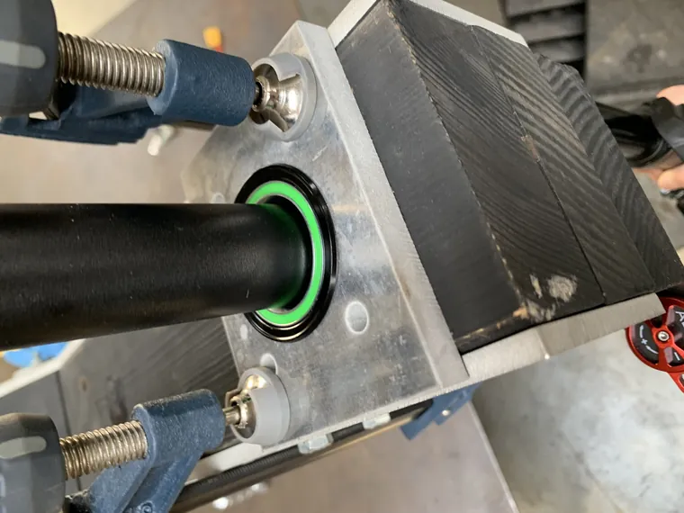 Close-up of the air shock mounted to the frame.
